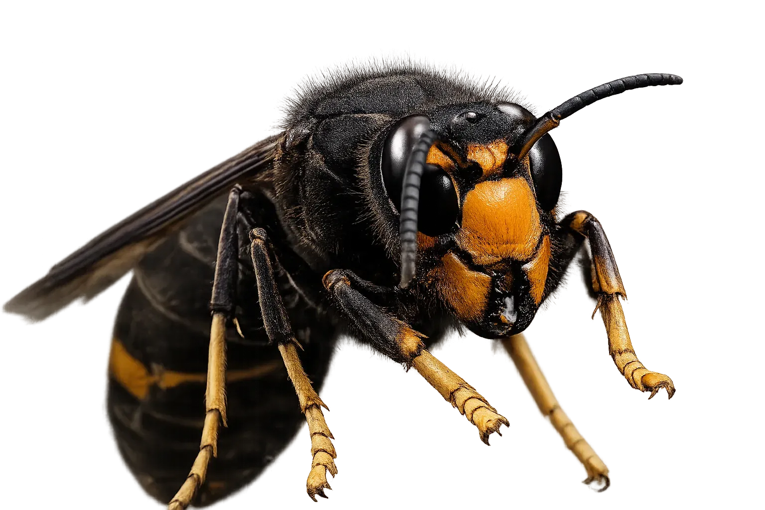 Frelon asiatique (Vespa velutina) en gros plan, vue 3/4